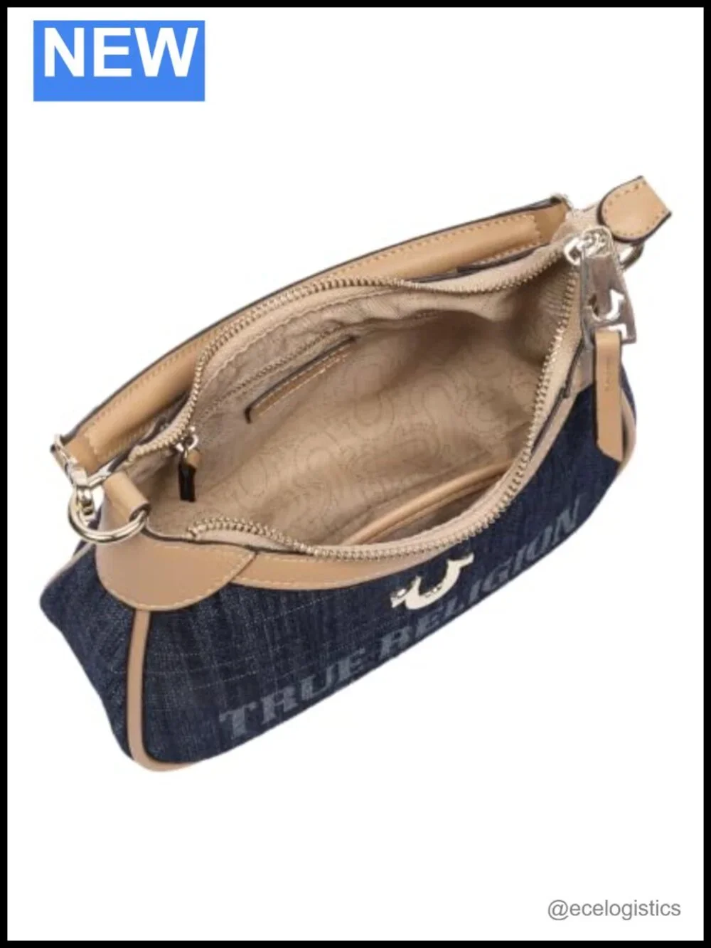 True Religion Logo Mini Shoulder Bag with Detachable Strap, Premium Denim and PU